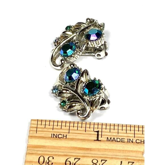 Coro Clip Ons Earrings AB Crystals Silver Tone Vintage Estate - Picture 14 of 14
